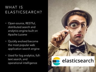 W H AT I S
E L A S T I C S E A R C H ?
• Open-source, RESTful,
distributed search and
analytics engine built on
Apache Luc...