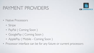 PAYMENT PROVIDERS
• Native Processors
• Stripe
• PayPal ( Coming Soon )
• GooglePay ( Coming Soon )
• ApplePay ( Mobile - Coming Soon )
• Processor interface can be for any future or current processors
 