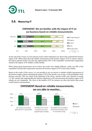 Research report – IT barometer 2009
19
5.6. Measuring IT
At the end of this section, we have placed several control statements (see above) that examined the business
impact of IT. When asked about the reliable measurement of the business impacts of IT in various contexts,
the typical reported results were that only approximately 50% of the respondents said that their organisation
measures the impacts of IT reliably or fairly reliably.
When asking about measurement out of context, the results were slightly different: a little over 60% of the
respondents said that their organisation measures the business impacts of IT at least fairly reliably.
Based on the results of this survey, it is not possible to give an answer to whether reliable measurement of
the business impacts means measuring the impact of IT on the growth, cost savings, or the profitability of the
business activities. This was asked in the beginning of the survey, and the results were reported in section
3.2. We estimate that understanding the business importance of IT and measuring the business impact of IT
reliably are not comparable. The views of the benefits of IT for business are more like beliefs than actual
results based on measurements.
 