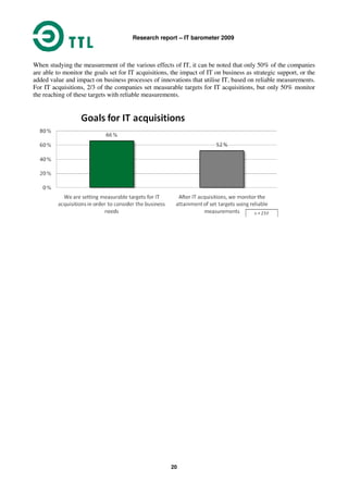 Research report – IT barometer 2009
20
When studying the measurement of the various effects of IT, it can be noted that only 50% of the companies
are able to monitor the goals set for IT acquisitions, the impact of IT on business as strategic support, or the
added value and impact on business processes of innovations that utilise IT, based on reliable measurements.
For IT acquisitions, 2/3 of the companies set measurable targets for IT acquisitions, but only 50% monitor
the reaching of these targets with reliable measurements.
 