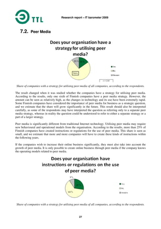 Research report – IT barometer 2009
27
7.2. Peer Media
Share of companies with a strategy for utilising peer media of all companies, according to the respondents.
The result changed when it was studied whether the companies have a strategy for utilising peer media.
According to the results, only one sixth of Finnish companies have a peer media strategy. However, the
amount can be seen as relatively high, as the changes in technology and its use have been extremely rapid.
Some Finnish companies have considered the importance of peer media for business as a strategic question,
and we estimate that the share will grow significantly in the future. This result should also be interpreted
carefully, as some of the respondents may have interpreted the question as referring only to a separate peer
media strategy, whereas in reality the question could be understood to refer to either a separate strategy or a
part of a larger strategy.
Peer media is significantly different from traditional Internet technology. Utilising peer media may require
new behavioural and operational models from the organisation. According to the results, more than 25% of
Finnish companies have created instructions or regulations for the use of peer media. This share is seen as
small, and we estimate that more and more companies will have to create these kinds of instructions within
the following years.
If the companies wish to increase their online business significantly, they must also take into account the
growth of peer media. It is only possible to create online business through peer media if the company knows
the operating models related to peer media.
Share of companies with a strategy for utilising peer media of all companies, according to the respondents.
 