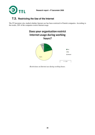 Research report – IT barometer 2009
28
7.3. Restricting the Use of the Internet
The IT barometer also studied whether Internet use has been restricted in Finnish companies. According to
the results, 20% of the companies restrict Internet usage.
Restrictions on Internet use during working hours.
 