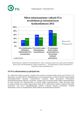 Tutkimusraportti – IT-barometri 2013

Miten taloustaantuma vaikutti IT:n
tavoiteltuun ja toteutuneeseen
hyödyntämiseen 2012
100%
80%

83%

60%

67%

59%
40%
20%

42%

45%
Tavoite 2012

31%

Toteutuma 2012

0%
IT:n tehokkuuden IT:n käyttö uuden IT-ratkaisujen
lisääminen
liiketoiminnan
tiedon laadun
leikkaamalla IT:n synnyttämiseen
parantaminen ja
kustannuksia
tietovirtojen
katkojen
poistaminen
n=240/156/213	
  
Taloustilanteen vaikutus IT:n hyödyntämiseen. Osuus vastaajista, jotka ovat samaa mieltä väittämien
kanssa siitä, että taloustilanteen vuoksi tavoitteena on … tai taloustilanteen vuoksi toteutimme toimenpiteitä, joiden tarkoituksena oli …

4.5 IT:n ulkoistaminen ja pilvipalvelut
IT:n ulkoistusta koskien pyysimme vastaajia muun muassa arvioimaan kuinka suuren osan IT:stä he ovat
ulkoistaneet, tavoittelevatko he mahdollisimman suurta ulkoistusastetta ja keitä he pitävät luotettavimpina
ulkoistuspalveluiden tarjoajina. Tarkastelemme vastauksia näihin kysymyksiin IT-barometrin
yksityiskohtaisemmassa raportissa. Pyysimme vastaajia myös arvioimaan kuinka selkeät liiketoiminnalliset
tai muut tavoitteet IT:n ulkoistamiselle on asetettu heidän organisaatiossaan. Lisäksi pyysimme heitä
arvioimaan kuinka hyvin heidän organisaationsa tuntevat IT:n ulkoistamisen tulokset suhteessa asetettuihin
tavoitteisiin. Alla olevat ympyrädiagrammit esittävät vastausten jakaumat prosentteina. Vertailut
aikaisempiin vuosiin ja vastaajaryhmien välillä sisältyvät yksityiskohtaiseen raporttiin.

27

 