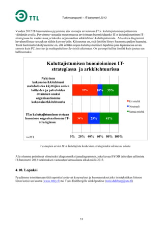 Tutkimusraportti – IT-barometri 2013

Vuoden 2012 IT-barometrissa pyysimme siis vastaajia arvioimaan IT:n kuluttajistumisen johtamista
väittämän avulla. Pyysimme vastaajia muun muassa arvioimaan huomioidaanko IT:n kuluttajistuminen ITstrategiassa tai vastaavassa ja tukeeko organisaation arkkitehtuuri kuluttajistumista. Alla oleva diagrammi
havainnollistaa vastaukset näihin kysymyksiin. Kiistatonta on, että ilmiöön liittyy Suomessa paljon haasteita.
Tästä huolimatta käsityksemme on, että erittäin nopea kuluttajistuminen tapahtuu joka tapauksessa aivan
samoin kuin PC, internet ja matkapuhelimet levisivät aikoinaan. On parempi hallita ilmiötä kuin joutua sen
hallitsemaksi.

Kuluttajistumisen huomioiminen ITstrategiassa ja arkkitehtuurissa
Nykyinen
kokonaisarkkitehtuuri
mahdollistaa käyttäjien omien
laitteiden ja palveluiden
ottamisen osaksi
organisaatiomme
kokonaisarkkitehtuuria

55%

10%

35%
Eri mieltä
Neutraali
Samaa mieltä

IT:n kuluttajistuminen otetaan
huomioon organisaatiomme ITstrategiassa

n=213	
  

34%

0%

25%

41%

20% 40% 60% 80% 100%

Vastaajien arviot IT:n kuluttajista koskevien strategioiden olemassa olosta
Alle olemme poimineet viimeiseksi diagrammiksi janadiagrammin, joka kuvaa BYOD laitteiden sallimista
IT-barometri 2013 tutkimuksen vastausten keruuaikana alkukesällä 2013.

4.10. Lopuksi
Pyydämme toimittamaan tätä raporttia koskevat kysymykset ja huomautukset joko tietotekniikan liittoon
liiton kotisivun kautta (www.tttlry.fi) tai Tomi Dahlbergille sähköpostitse (tomi.dahlberg@utu.fi)

33

 