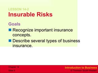 LESSON 14-2 Insurable Risks Goals Recognize important insurance concepts. Describe several types of business insurance. 