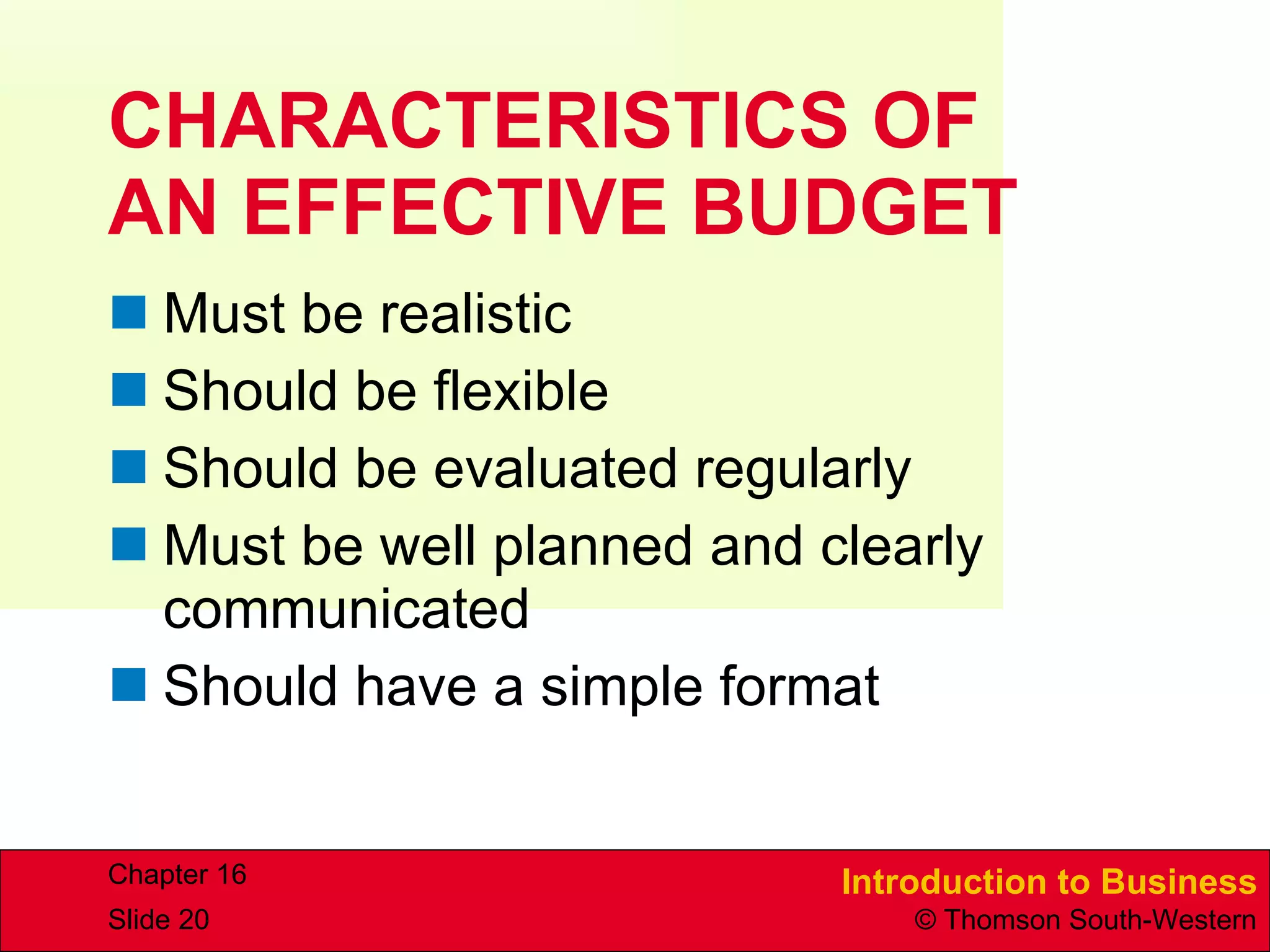 CHARACTERISTICS OF  AN EFFECTIVE BUDGET Must be realistic  Should be flexible Should be evaluated regularly Must be well planned and clearly communicated Should have a simple format  