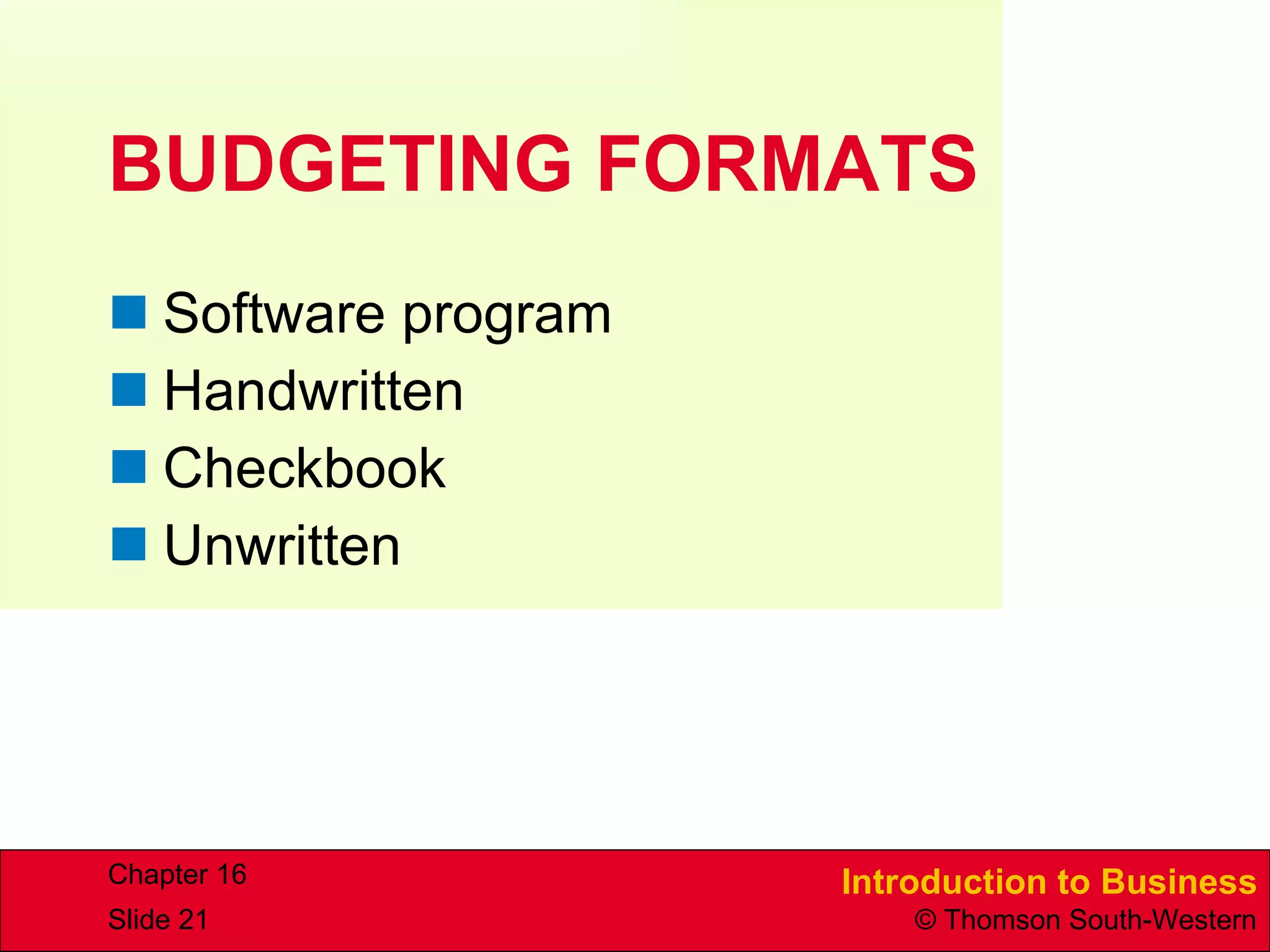 BUDGETING FORMATS Software program  Handwritten Checkbook Unwritten 