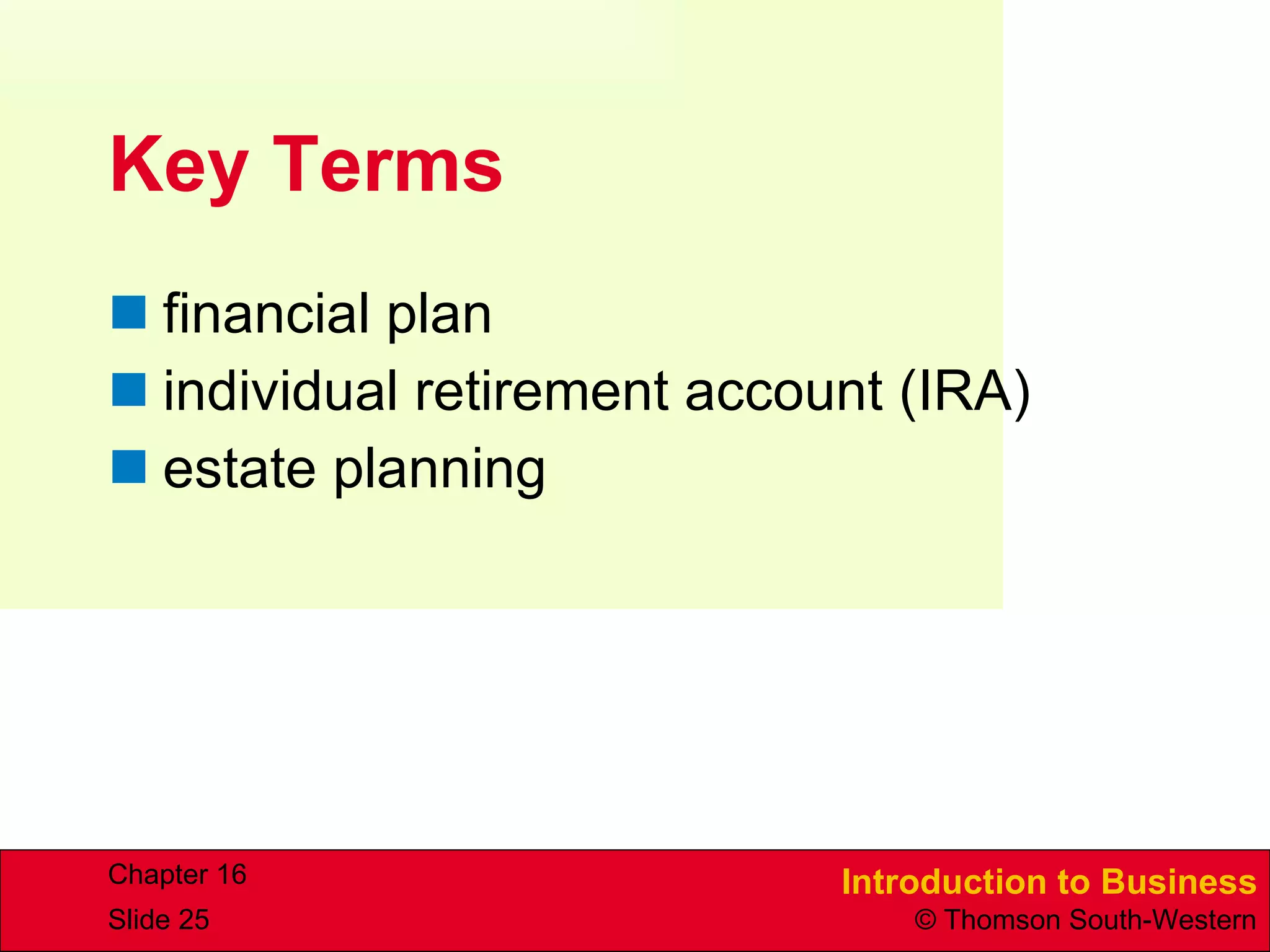 Key Terms financial plan individual retirement account (IRA) estate planning 