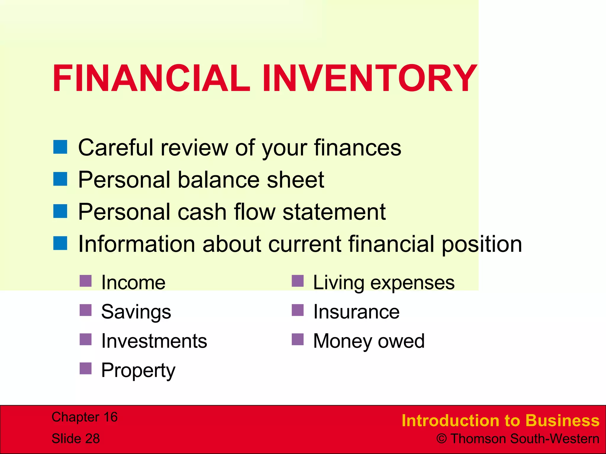 FINANCIAL INVENTORY Careful review of your finances Personal balance sheet Personal cash flow statement Information about current financial position Income Savings Investments Property Living expenses Insurance Money owed 