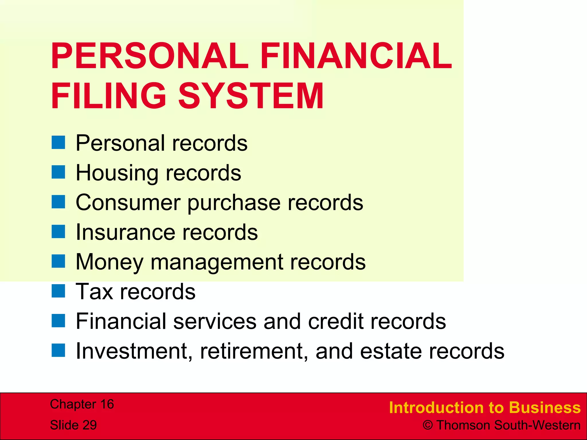 PERSONAL FINANCIAL FILING SYSTEM Personal records Housing records Consumer purchase records Insurance records Money management records Tax records Financial services and credit records Investment, retirement, and estate records 