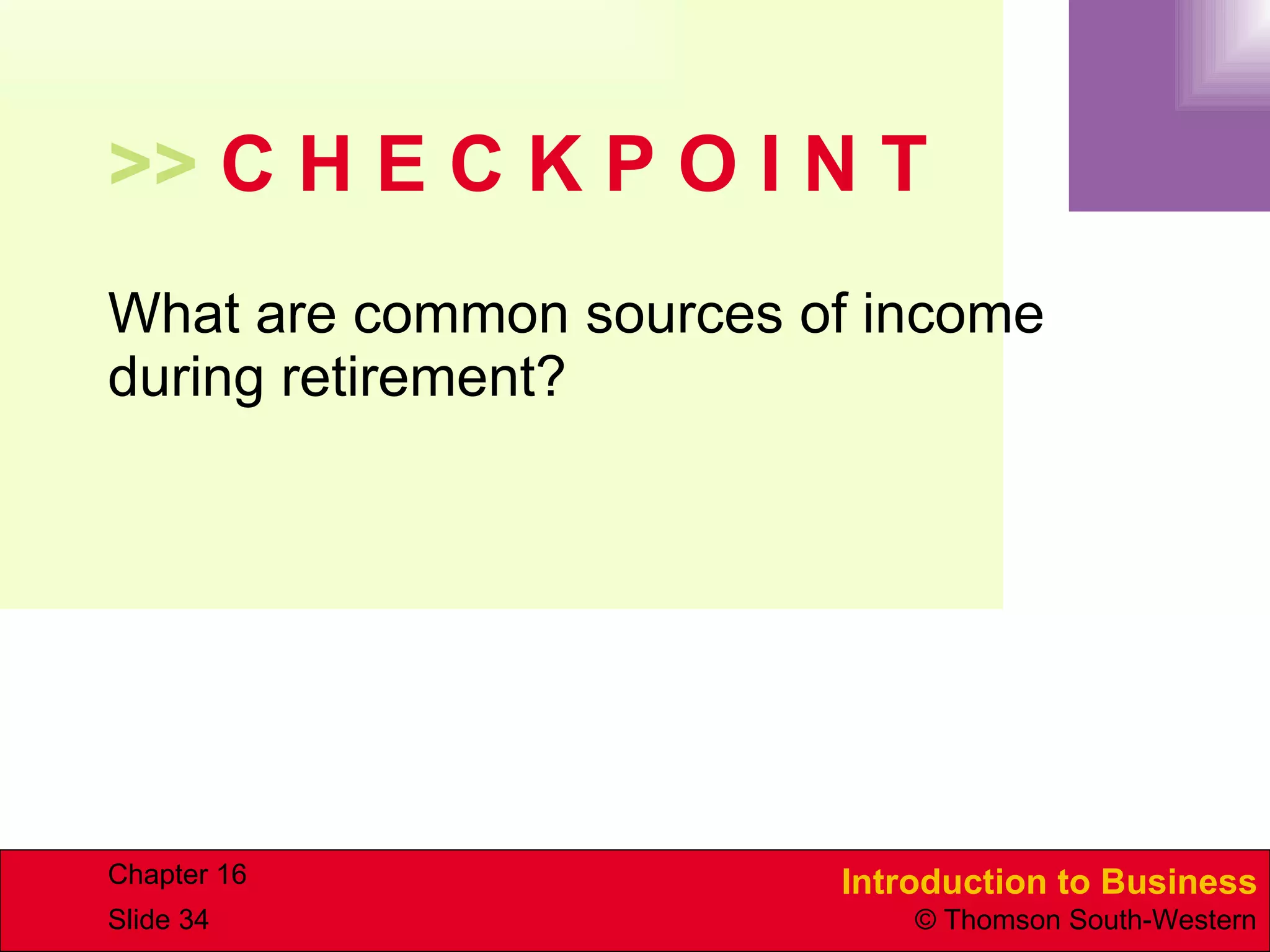 >>  C H E C K P O I N T What are common sources of income during retirement? 