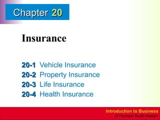 Insurance 20-1 Vehicle Insurance 20-2 Property Insurance 20-3 Life Insurance 20-4 Health Insurance 20 