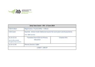 Early Years Event – ITB – 17 June 2014
9.00-9.30am Registration / Tea & Coffee – A Block
9.30-11am Keynote: Arlene Foster (National Council for Curriculum and Assessment)
(incl. Q&A session)
11.15-12.15
(tea & coffee available
throughout these sessions)
Transition from ECCE to Primary
Education
Creative Arts
12.15-12.45 Plenary Session / Q&A
LUNCH - LINCUP
 