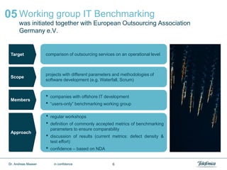 Working group IT Benchmarking
was initiated together with European Outsourcing Association
Germany e.V.
6Dr. Andreas Maaser in confidence
comparison of outsourcing services on an operational level
projects with different parameters and methodologies of
software development (e.g. Waterfall, Scrum)
• companies with offshore IT development
• “users-only” benchmarking working group
• regular workshops
• definition of commonly accepted metrics of benchmarking
parameters to ensure comparability
• discussion of results (current metrics: defect density &
test effort)
• confidence – based on NDA
05
Target
Approach
Members
Scope
 