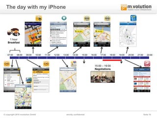 The day with my iPhone




    1 hour
   Breakfast



   07:00    08:00    09:00    10:00   11:00   12:00   13:00    14:00     15:00   16:00   17:00   18:00   19:00   20:00   21:00      22:00




                                                                                    15:00 – 19:00
                                                                                    Negotiations




© copyright 2010 mvolution GmbH                         strictly confidential                                                    Seite 10
 