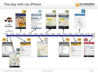 The day with my iPhone




    1 hour
   Breakfast



   07:00    08:00    09:00    10:00   11:00   12:00   13:00    14:00     15:00   16:00   17:00   18:00   19:00   20:00   21:00      22:00




© copyright 2010 mvolution GmbH                         strictly confidential                                                    Seite 9
 