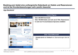 Booking.com bietet eine umfangreiche Datenbank an Hotels und Rezensionen
und ist bei Kundenbewertungen sehr positiv bewertet
App-Steckbrief


                                  Screenshot App                                                              Facts & Figures

                                                                         • Über 250.000 Downloads
                                                                         • Über 100.000 Hotels und mehr als 6,7 Mio. Rezensionen
                                                                         • In mehr als 10 verschiedenen Sprachen erhältlich




                                                                                                       Ziele / Geschäftsmodell

                                                                         •    Umsatz durch den Verkauf von Übernachtungen über die
                                                                              App




 Quelle: iTunes, SEMPORA Research

110309 Vortrag Dr. Sexauer iPad               © 2011 by SEMPORA Consulting GmbH. All rights reserved. Proprietary and confidential.   - 15 -
 