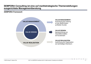 SEMPORA Consulting ist eine auf marktstrategische Themenstellungen
ausgerichtete Managementberatung
SEMPORA Framework



                                                                                                         VALUE MANAGEMENT:
                                  VALUE MANAGEMENT                                                       Ausrichtung der Leistung
                                                                                                         an den Bedürfnissen
                                                                                                         profitabler Kunden


                                       VALUE                                                             VALUE DESIGN:
                                      DESIGN
                                    VALUE DESIGN                                                         Neuausrichtung von
                                                                                                         Geschäftsmodellen
                                                                                                         am Kundenwert


                                                                                                         VALUE REALISATION:
                                  VALUE REALISATION                                                      Ausrichtung der Organisation
                                  VALUE REALISATION                                                      auf werthaltiges Wachstum




      SEMPORA Consulting beschäftigt sich ausschließlich mit Strategie-, Marketing- und
      Vertriebsthemenstellungen (Handel und Endverbraucher)

110309 Vortrag Dr. Sexauer iPad        © 2011 by SEMPORA Consulting GmbH. All rights reserved. Proprietary and confidential.            -3-
 