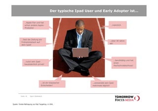 Der typische Ipad User und Early Adopter ist…


               …Apple-Fan und hat
               schon andere Apple-                                                  …männlich
               Produkte!




           …liest die Zeitung am
                                                                                   …über 30 Jahre
           Frühstückstisch auf
                                                                                   alt!
           dem Ipad!




                                                                                          …berufstätig und hat
              …nutzt sein Ipad
                                                                                          einen
              hauptsächlich privat!
                                                                                          Hochschulabschluss!




                                   …ist ein klassischer            …verwendet sein Ipad
                                   Entscheider!                    mehrmals täglich!




          Seite 34   Karin Rothstock




Quelle: Onsite-Befragung via iPad Targeting; n=364;
 