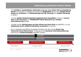Zielsetzung und Nutzen dieser Studie

•      Die künftig in regelmäßigen Abständen und nun zum dritten Mal durchgeführte
      Studie soll Kunden und Agenturen künftig die Möglichkeit geben den mobilen Markt
      besser zu verstehen und Hilfestellungen bei der Planung von mobiler Werbung
      zu geben.

•      Um die mobile Medienlandschaft möglichst breit abzubilden wurden im Januar
      2011 5.537 Personen im TOMORROW FOCUS Netzwerk zur mobilen
      Internetnutzung befragt.

•      Parallel wurden Befragungen auf dem iPhone und dem iPad durchgeführt, um die
      Ergebnisse durch mobile Primärdaten anreichern zu können.

•     Die im folgenden getroffenen Aussagen beziehen sich alle auf die Nutzer des
      Tomorrow Focus Netzwerkes. In Bezug auf die deutsche Internetbevölkerung
      können hier Tendenzaussagen getroffen werden.

                                             iPad Effects


                                            iPhone Effects


    Mobile Effects 2010-I         Mobile Effects 2010-II             Mobile Effects 2011-I



       Mai 2010                     August 2010                         Januar 2011

      Seite 4   Karin Rothstock
 