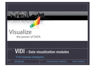 PROJECT
           VIDI - Data visualization modules
            IT for business intelligence
DATE
                               BY-
           07/04/12
                        ISHAN AWADHESH-10BM60033
   SAGAR-10BM60075
 
