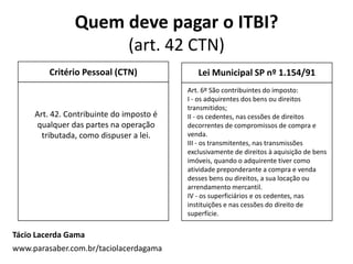 Quem deve pagar o ITBI?
(art. 42 CTN)
Critério Pessoal (CTN)
Tácio Lacerda Gama
www.parasaber.com.br/taciolacerdagama
Lei Municipal SP nº 1.154/91
Art. 42. Contribuinte do imposto é
qualquer das partes na operação
tributada, como dispuser a lei.
Art. 6º São contribuintes do imposto:
I - os adquirentes dos bens ou direitos
transmitidos;
II - os cedentes, nas cessões de direitos
decorrentes de compromissos de compra e
venda.
III - os transmitentes, nas transmissões
exclusivamente de direitos à aquisição de bens
imóveis, quando o adquirente tiver como
atividade preponderante a compra e venda
desses bens ou direitos, a sua locação ou
arrendamento mercantil.
IV - os superficiários e os cedentes, nas
instituições e nas cessões do direito de
superfície.
 