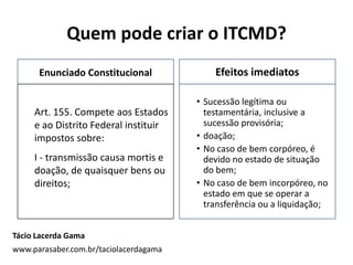 Quem pode criar o ITCMD?
Enunciado Constitucional
Art. 155. Compete aos Estados
e ao Distrito Federal instituir
impostos sobre:
I - transmissão causa mortis e
doação, de quaisquer bens ou
direitos;
Efeitos imediatos
• Sucessão legítima ou
testamentária, inclusive a
sucessão provisória;
• doação;
• No caso de bem corpóreo, é
devido no estado de situação
do bem;
• No caso de bem incorpóreo, no
estado em que se operar a
transferência ou a liquidação;
Tácio Lacerda Gama
www.parasaber.com.br/taciolacerdagama
 