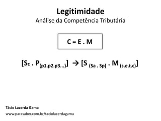 Legitimidade
Análise da Competência Tributária
C = E . M
[Sc . P(p1.p2.p3...)] → [S (Sa . Sp) . M(s.e.t.c)]
Tácio Lacerda Gama
www.parasaber.com.br/taciolacerdagama
 