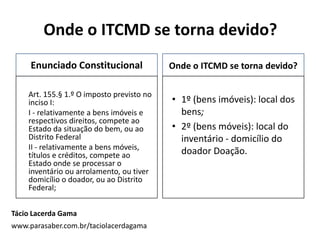 Enunciado Constitucional
Art. 155.§ 1.º O imposto previsto no
inciso I:
I - relativamente a bens imóveis e
respectivos direitos, compete ao
Estado da situação do bem, ou ao
Distrito Federal
II - relativamente a bens móveis,
títulos e créditos, compete ao
Estado onde se processar o
inventário ou arrolamento, ou tiver
domicílio o doador, ou ao Distrito
Federal;
Onde o ITCMD se torna devido?
• 1º (bens imóveis): local dos
bens;
• 2º (bens móveis): local do
inventário - domicílio do
doador Doação.
Tácio Lacerda Gama
www.parasaber.com.br/taciolacerdagama
Onde o ITCMD se torna devido?
 