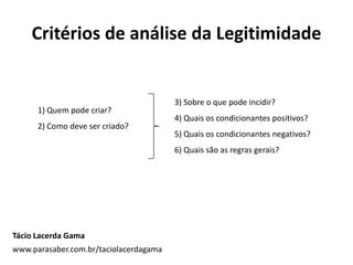Critérios de análise da Legitimidade
1) Quem pode criar?
2) Como deve ser criado?
3) Sobre o que pode incidir?
4) Quais os condicionantes positivos?
5) Quais os condicionantes negativos?
6) Quais são as regras gerais?
Tácio Lacerda Gama
www.parasaber.com.br/taciolacerdagama
 