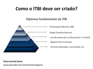 Como o ITBI deve ser criado?
Diplomas fundamentais do ITBI
Constituição Federal de 1988
Regulamentos municipais
Leis Municipais (Ex. Lei Municipal SP 11.154/91
Código Tributário Nacional
Portarias, Resoluções, comunicados, etc.
Tácio Lacerda Gama
www.parasaber.com.br/taciolacerdagama
 