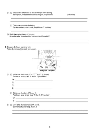 (e) (i) Explain the difference of this technique with cloning.
Terangkan perbezaan teknik ini dengan pengklonan. [2 markah]
________________________________________________________________________________
________________________________________________________________________________
(ii) Give one example of cloning.
Berikan satu contoh untuk pengklonan.[1 markah]
_________________________________________________________________________________
(f) State two advantages of cloning.
Nyatakan dua kebaikan bagi pengklonan.[2 markah]
__________________________________________________________________________________
__________________________________________________________________________________
2 Diagram 2 shows a animal cell.
Rajah 2 menunjukkan satu sel haiwan.
Diagram 2 Rajah 2
(a) (i) Name the structures of W, X, Y and Z.[4 marks]
Namakan struktur W, X, Y dan Z.[4 markah]
W: _______________________________________
X: _______________________________________
Y: _______________________________________
Z: _______________________________________
(ii) State one function of W and Y.
Nyatakan satu fungsi bagi W dan Y. [2 markah]
W: ____________________________________________________________________________
Y : ____________________________________________________________________________
(b) (i) Give one characteristic of X and Z.
Berikan satu sifat bagi X dan Z.
_______________________________________________________________________________
_______________________________________________________________________________
2
 