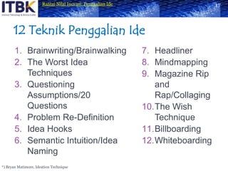 12 Teknik Penggalian IdeBrainwriting/BrainwalkingThe Worst Idea TechniquesQuestioning Assumptions/20 QuestionsProblem Re-DefinitionIdea HooksSemantic Intuition/Idea Naming17HeadlinerMindmappingMagazine Rip and Rap/CollagingThe Wish TechniqueBillboardingWhiteboarding*) Bryan Matimore, Ideation Technique