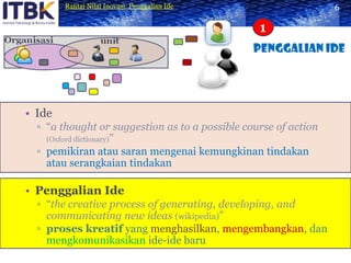 Ide“a thought or suggestion as to a possible course of action(Oxford dictionary)” pemikiran atau saran mengenai kemungkinan tindakan atau serangkaian tindakanPenggalian Ide“the creative process of generating, developing, and communicating new ideas(wikipedia)”proses kreatif yang menghasilkan, mengembangkan, dan mengkomunikasikan ide-ide baru6