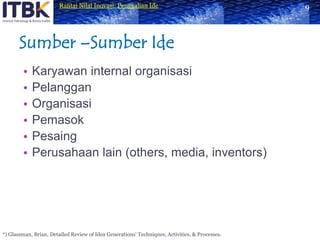 Sumber –Sumber IdeKaryawan internal organisasiPelangganOrganisasiPemasokPesaingPerusahaan lain (others, media, inventors)9*) Glassman, Brian, Detailed Review of Idea Generations’Techniques, Activities, & Processes.