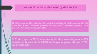 Ventas al contado, descuento y devolución
El 10 de mayo de 2011 Hannpa, S.A., vendió al contado el 10 de mayo de 2011 la
suma de B/.9,500.00 en bienes gravadas 10% y B/.3,750.00 en bienes gravados 15% a
Ros. S.A., con un descuento del 12.5%.
El 20 de mayo de 2011 hubo devolución de mercancía gravada 10%
dañada por la suma de B/.950.00. Por lo que se giró el cheque Nº 913
por el valor neto.
 