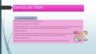 Exentos del ITBMS
1.Productos agropecuarios en estado natural.
2. Exportación y reexportación de bienes.
3. Bienes dentro de las zonas libres y de los que se encuentren en recintos aduaneros, así como en
almacenes de depósito y cuyo dominio se transfiera mediante endoso de documentos.
4. Bebidas gaseosas.
5. Petróleo crudo, diésel liviano. diésel marítimo, gasolina de aviación, gasolina natural, bunker, gas licuado,
kerosene y asfalto, excepto los lubricantes, aceites lubricantes y grasas lubricantes.
6. Productos alimenticios.
Abonos manufacturados especiados en la partidas o grupos del arancel de importación
A. Las transferencias de:
 