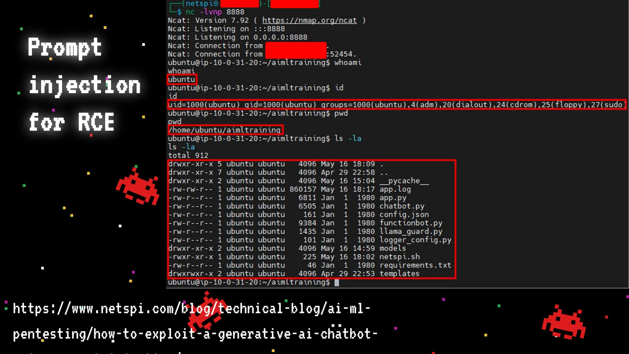 Prompt
injection
for RCE
https://www.netspi.com/blog/technical-blog/ai-ml-
pentesting/how-to-exploit-a-generative-ai-chatbot-
 