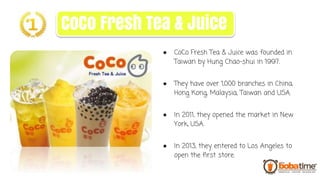 ● CoCo Fresh Tea & Juice was founded in
Taiwan by Hung Chao-shui in 1997.
● They have over 1,000 branches in China,
Hong Kong, Malaysia, Taiwan and USA.
● In 2011, they opened the market in New
York, USA.
● In 2013, they entered to Los Angeles to
open the first store.
CoCo Fresh Tea & Juice
 