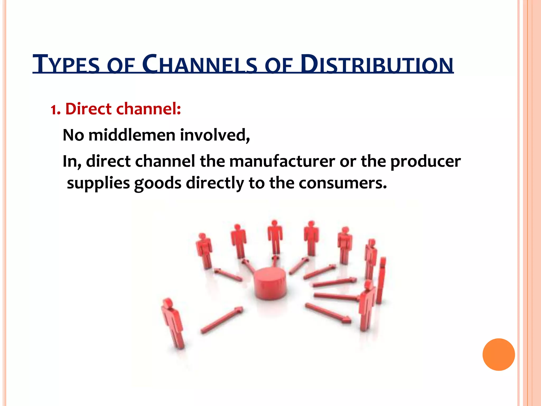 TYPES OF CHANNELS OF DISTRIBUTION
1. Direct channel:
No middlemen involved,
In, direct channel the manufacturer or the producer
supplies goods directly to the consumers.
 