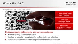 Rogue IT in the consumer cloud 
What’s the risk ? 
Serious corporate data security and governance issues 
Risk of exposing intellectual property 
Violation of regulatory compliance for confidentiality and retention 
No control or audit of content flowing in and out of corporate network  