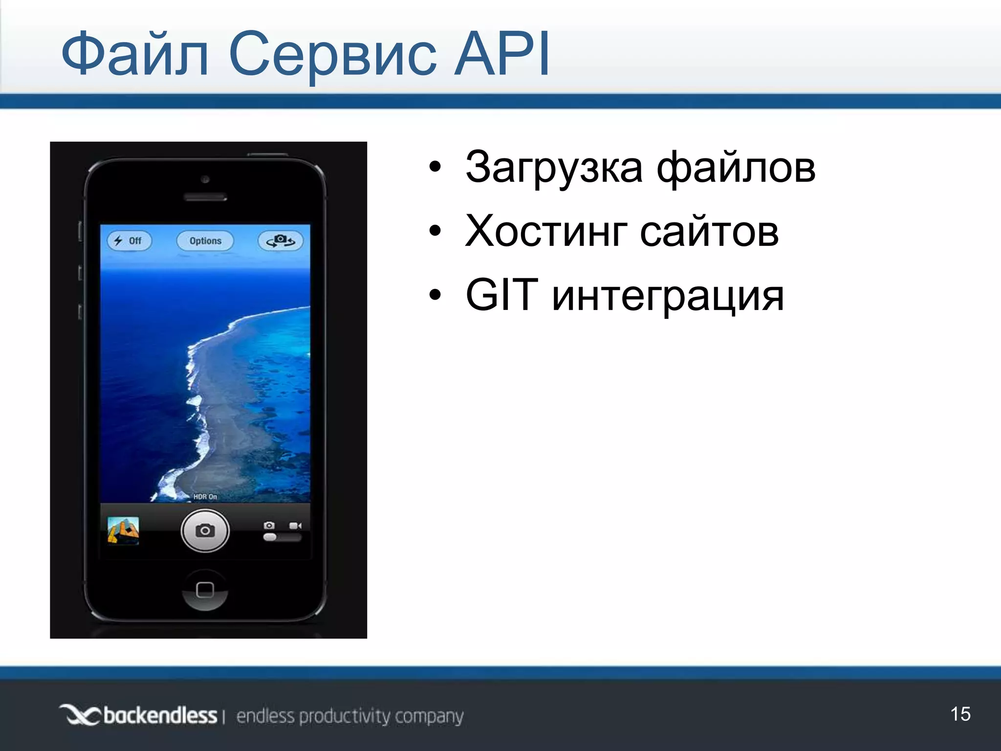 Файл Сервис API
15
• Загрузка файлов
• Хостинг сайтов
• GIT интеграция
 