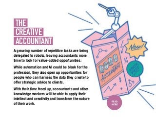 A growing number of repetitive tasks are being
delegated to robots, leaving accountants more
time to look for value-added opportunities.
While automation and AI could be bleak for the
profession, they also open up opportunities for
people who can harness the data they create to
offer strategic advice to clients.
With their time freed up, accountants and other
knowledge workers will be able to apply their
intellect and creativity and transform the nature
of their work.
READ
MORE
THE.
CREATIVE.
ACCOUNTANT.
 