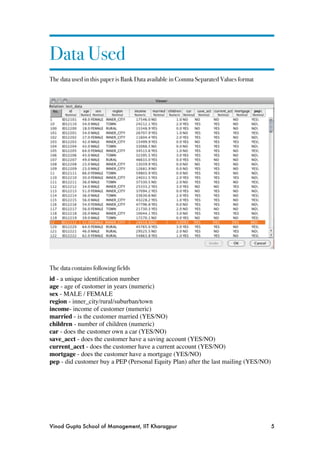 Data Used
The data used in this paper is Bank Data available in Comma Separated Values format




The data contains following fields
id - a unique identiﬁcation number
age - age of customer in years (numeric)
sex - MALE / FEMALE
region - inner_city/rural/suburban/town
income- income of customer (numeric)
married - is the customer married (YES/NO)
children - number of children (numeric)
car - does the customer own a car (YES/NO)
save_acct - does the customer have a saving account (YES/NO)
current_acct - does the customer have a current account (YES/NO)
mortgage - does the customer have a mortgage (YES/NO)
pep - did customer buy a PEP (Personal Equity Plan) after the last mailing (YES/NO)




Vinod Gupta School of Management, IIT Kharagpur
                                      5
 
