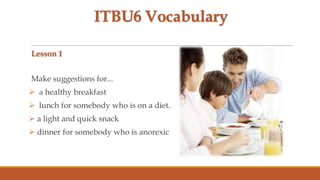 ITBU6 Vocabulary
Lesson 1

Make suggestions for...
 a healthy breakfast
 lunch for somebody who is on a diet.
 a light and quick snack
 dinner for somebody who is anorexic

 