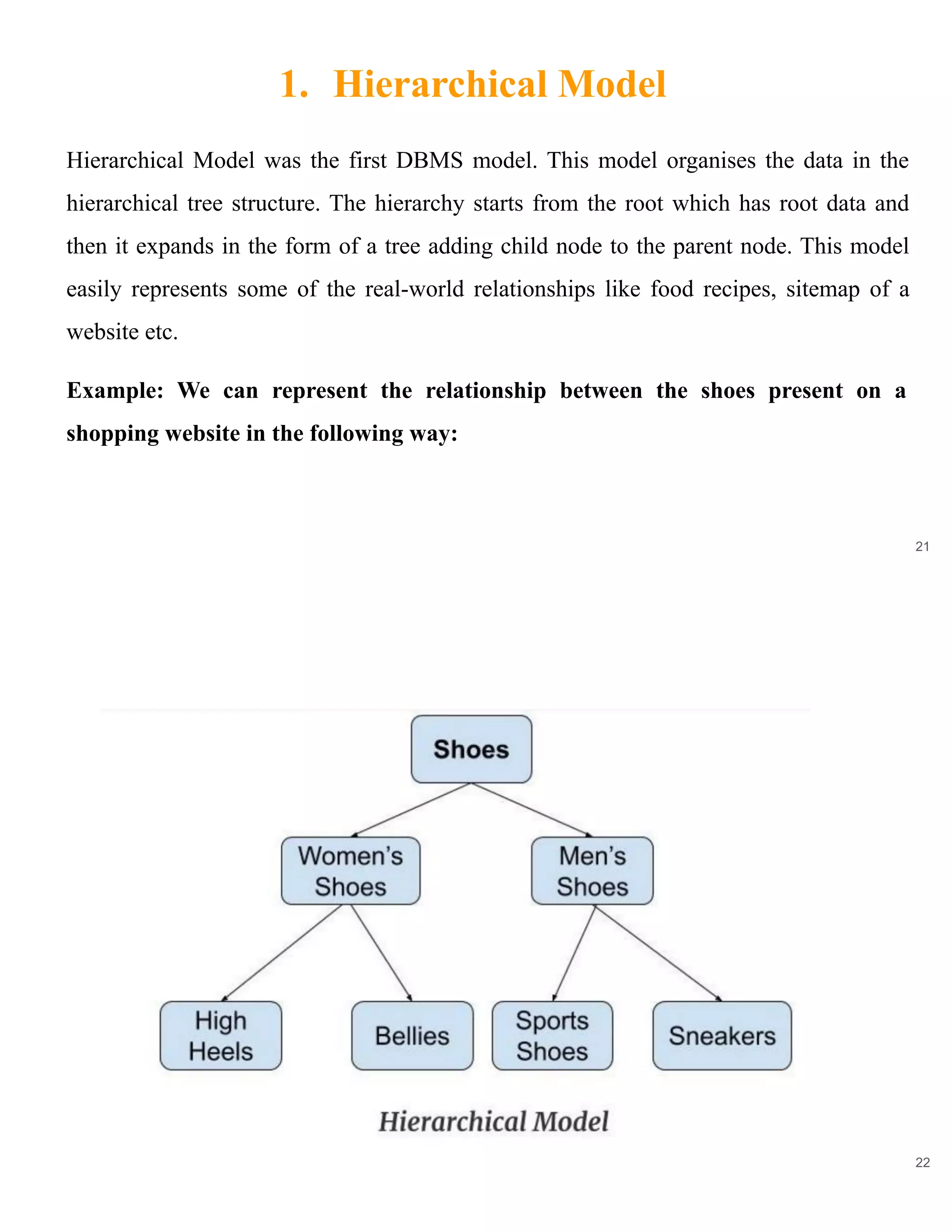 1. Hierarchical Model
21
Hierarchical Model was the first DBMS model. This model organises the data in the
hierarchical tree structure. The hierarchy starts from the root which has root data and
then it expands in the form of a tree adding child node to the parent node. This model
easily represents some of the real-world relationships like food recipes, sitemap of a
website etc.
Example: We can represent the relationship between the shoes present on a
shopping website in the following way:
22
 