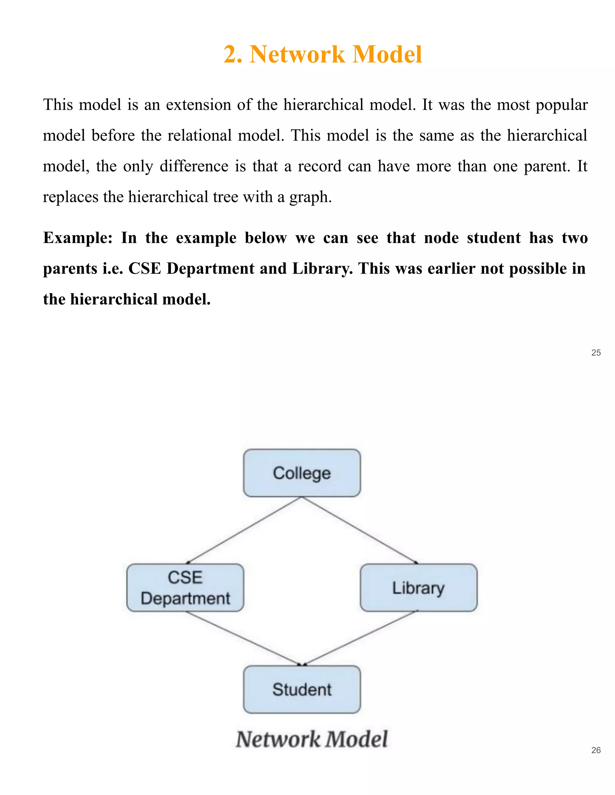 2. Network Model
25
This model is an extension of the hierarchical model. It was the most popular
model before the relational model. This model is the same as the hierarchical
model, the only difference is that a record can have more than one parent. It
replaces the hierarchical tree with a graph.
Example: In the example below we can see that node student has two
parents i.e. CSE Department and Library. This was earlier not possible in
the hierarchical model.
26
 