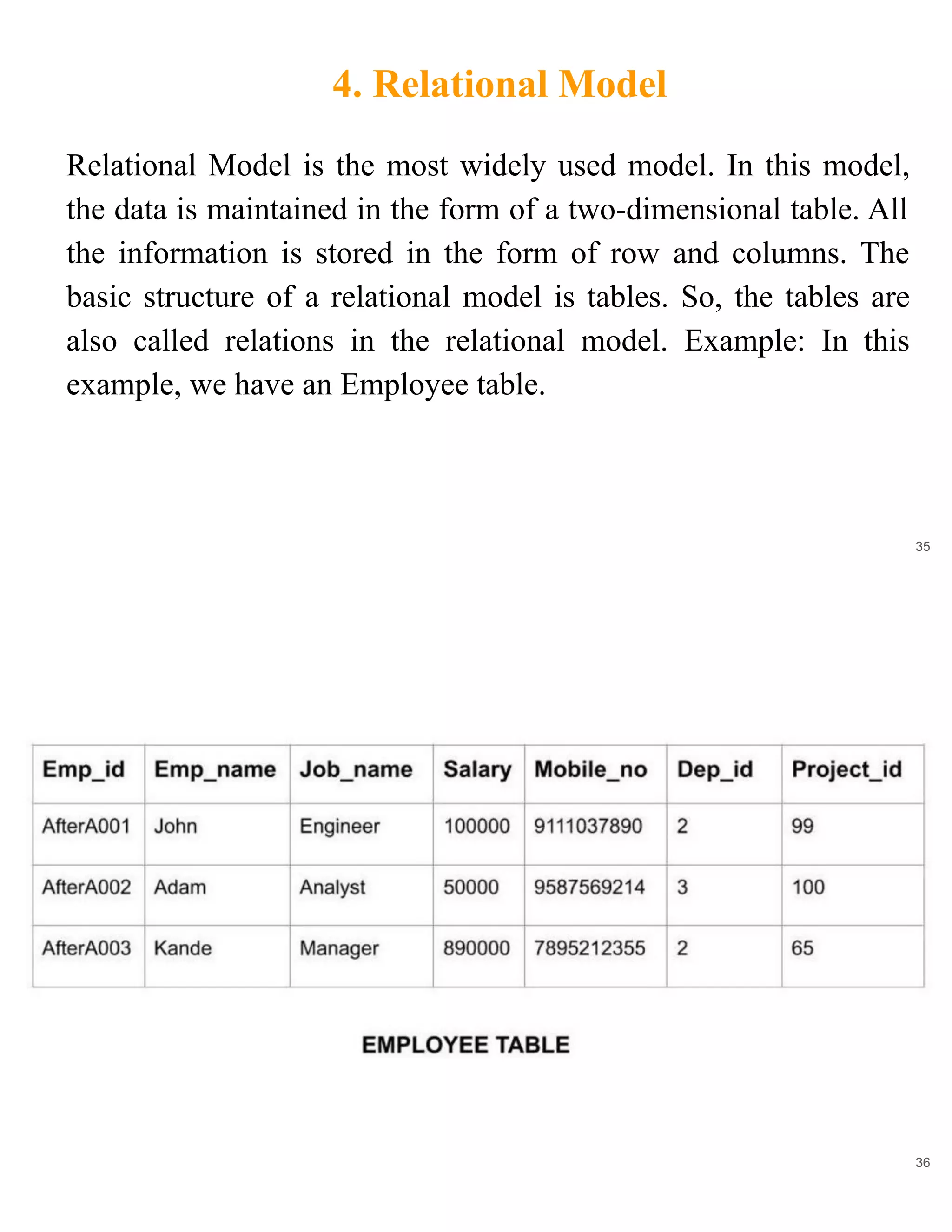 4. Relational Model
35
Relational Model is the most widely used model. In this model,
the data is maintained in the form of a two-dimensional table. All
the information is stored in the form of row and columns. The
basic structure of a relational model is tables. So, the tables are
also called relations in the relational model. Example: In this
example, we have an Employee table.
36
 
