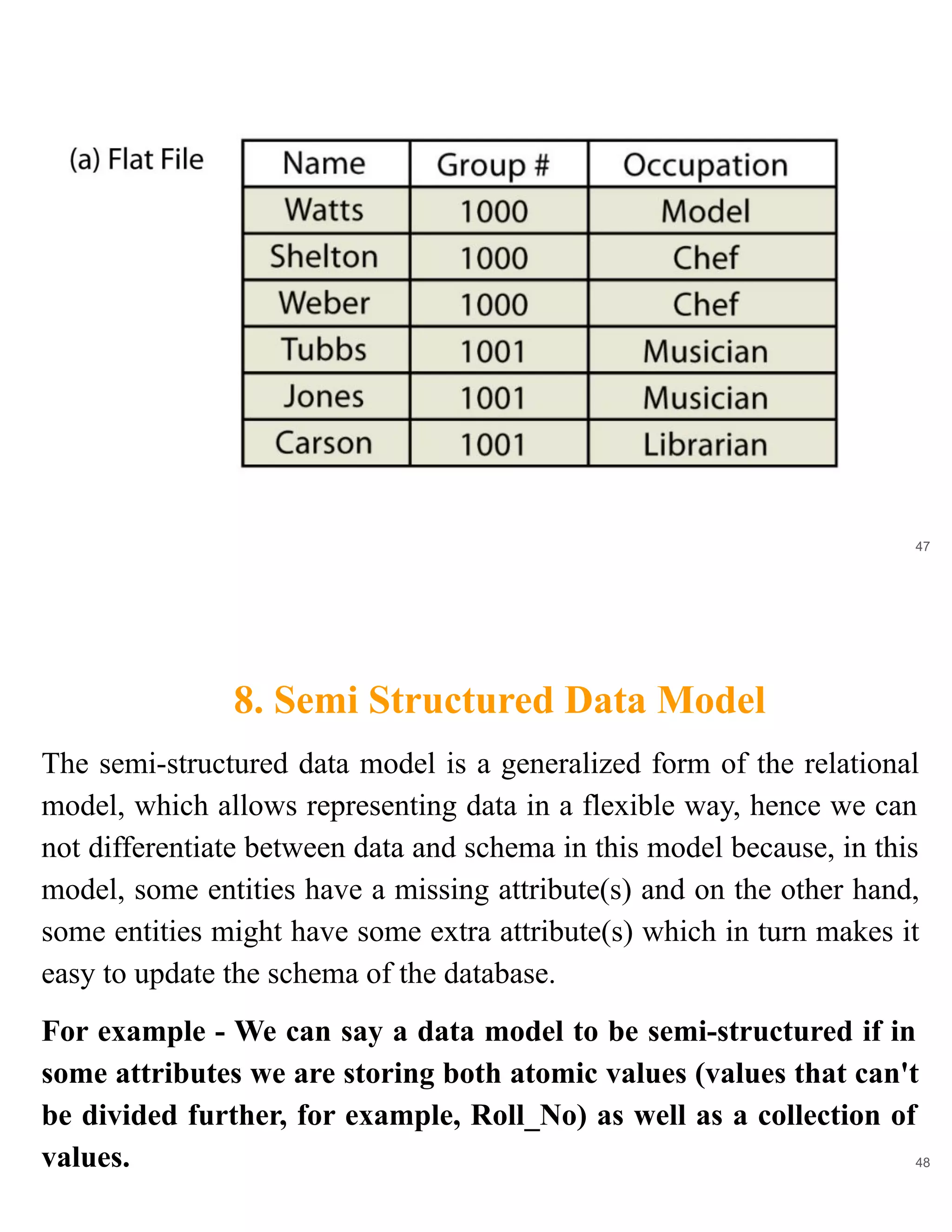 47
8. Semi Structured Data Model
48
The semi-structured data model is a generalized form of the relational
model, which allows representing data in a flexible way, hence we can
not differentiate between data and schema in this model because, in this
model, some entities have a missing attribute(s) and on the other hand,
some entities might have some extra attribute(s) which in turn makes it
easy to update the schema of the database.
For example - We can say a data model to be semi-structured if in
some attributes we are storing both atomic values (values that can't
be divided further, for example, Roll_No) as well as a collection of
values.
 