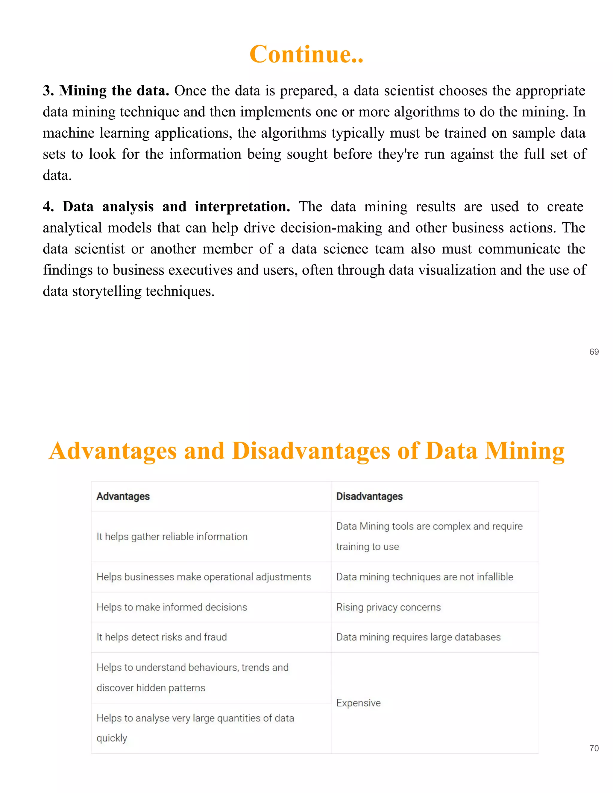 Continue..
69
3. Mining the data. Once the data is prepared, a data scientist chooses the appropriate
data mining technique and then implements one or more algorithms to do the mining. In
machine learning applications, the algorithms typically must be trained on sample data
sets to look for the information being sought before they're run against the full set of
data.
4. Data analysis and interpretation. The data mining results are used to create
analytical models that can help drive decision-making and other business actions. The
data scientist or another member of a data science team also must communicate the
findings to business executives and users, often through data visualization and the use of
data storytelling techniques.
Advantages and Disadvantages of Data Mining
70
 